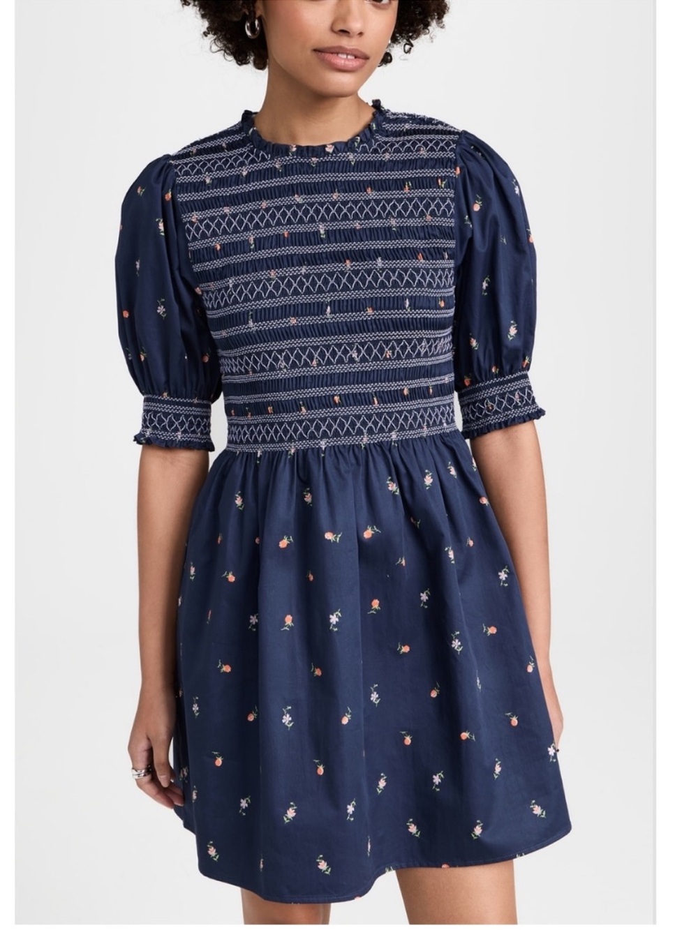 Hill House Navy Smocked Puff-Sleeve Mini Dress with Floral Print